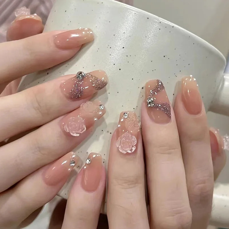 Sheer Nude Pink French Tip Press On Nails With 3D Roses, Glitter and Rhinestones