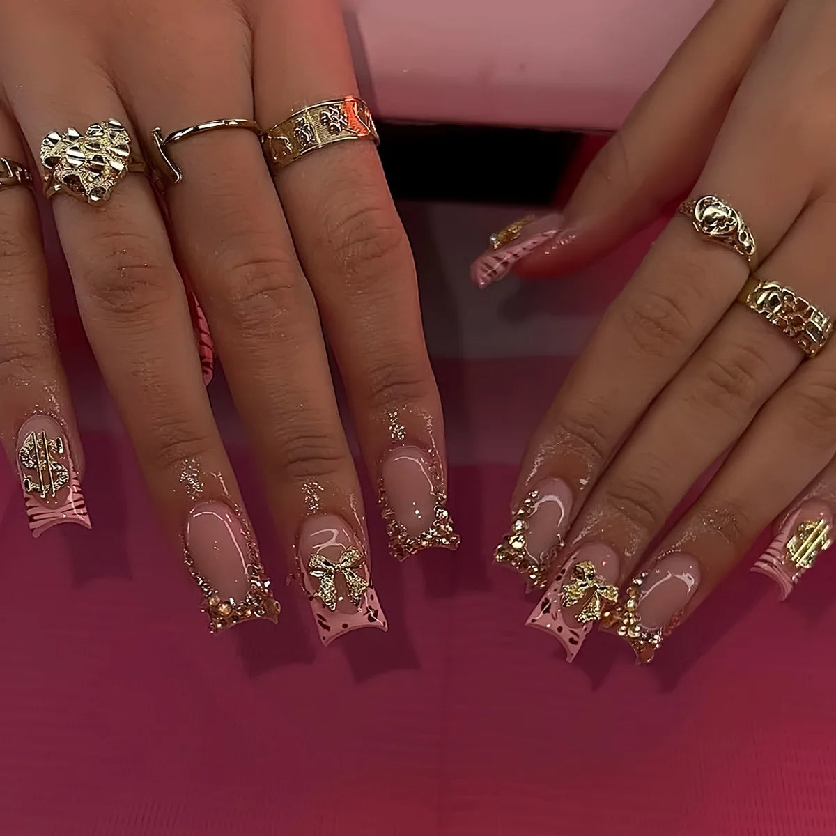 Sheer Nude Pink Leopard French Tip Nails With Gold Charms
