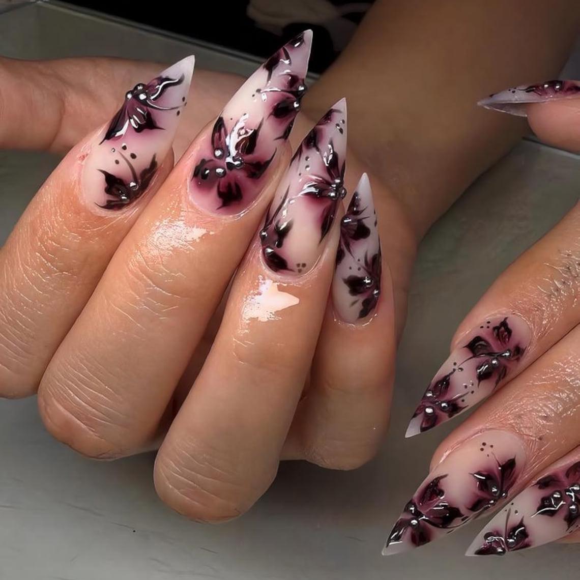 Sheer Nude-Pink Nails with Dark Burgundy and Black Gothic Flowers
