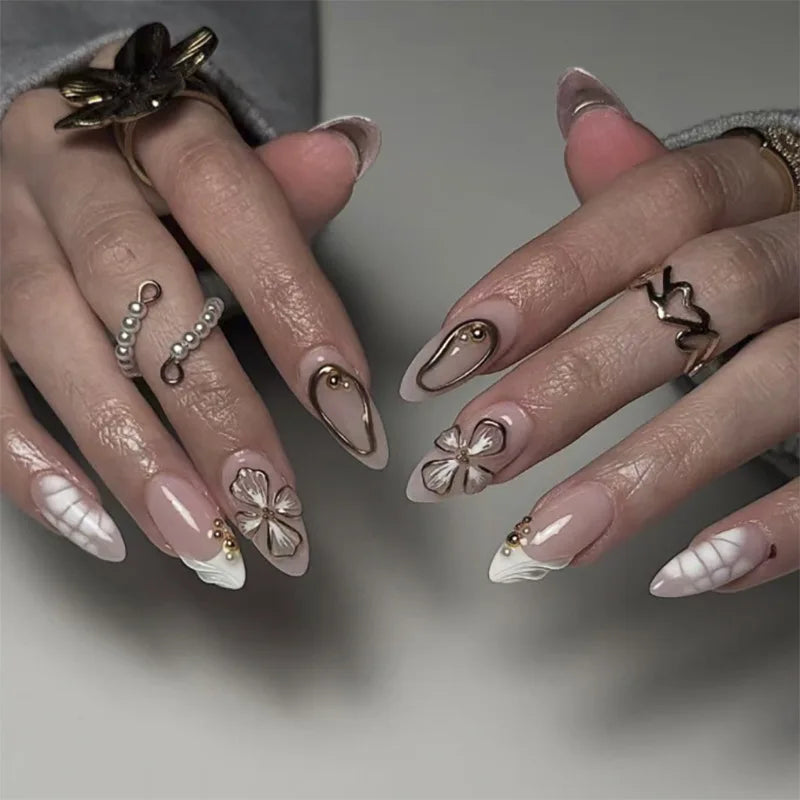 Sheer Nude-Pink Nails with Gold Outlines, Raised Flowers and Pearls
