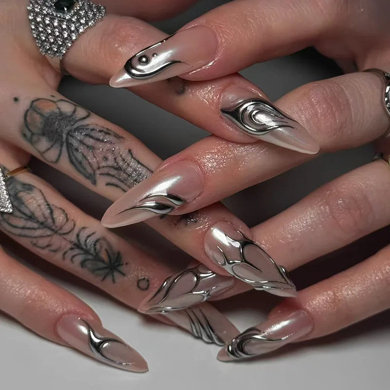 Sheer Nude Pink Nails With Raised Silver Chrome Waves