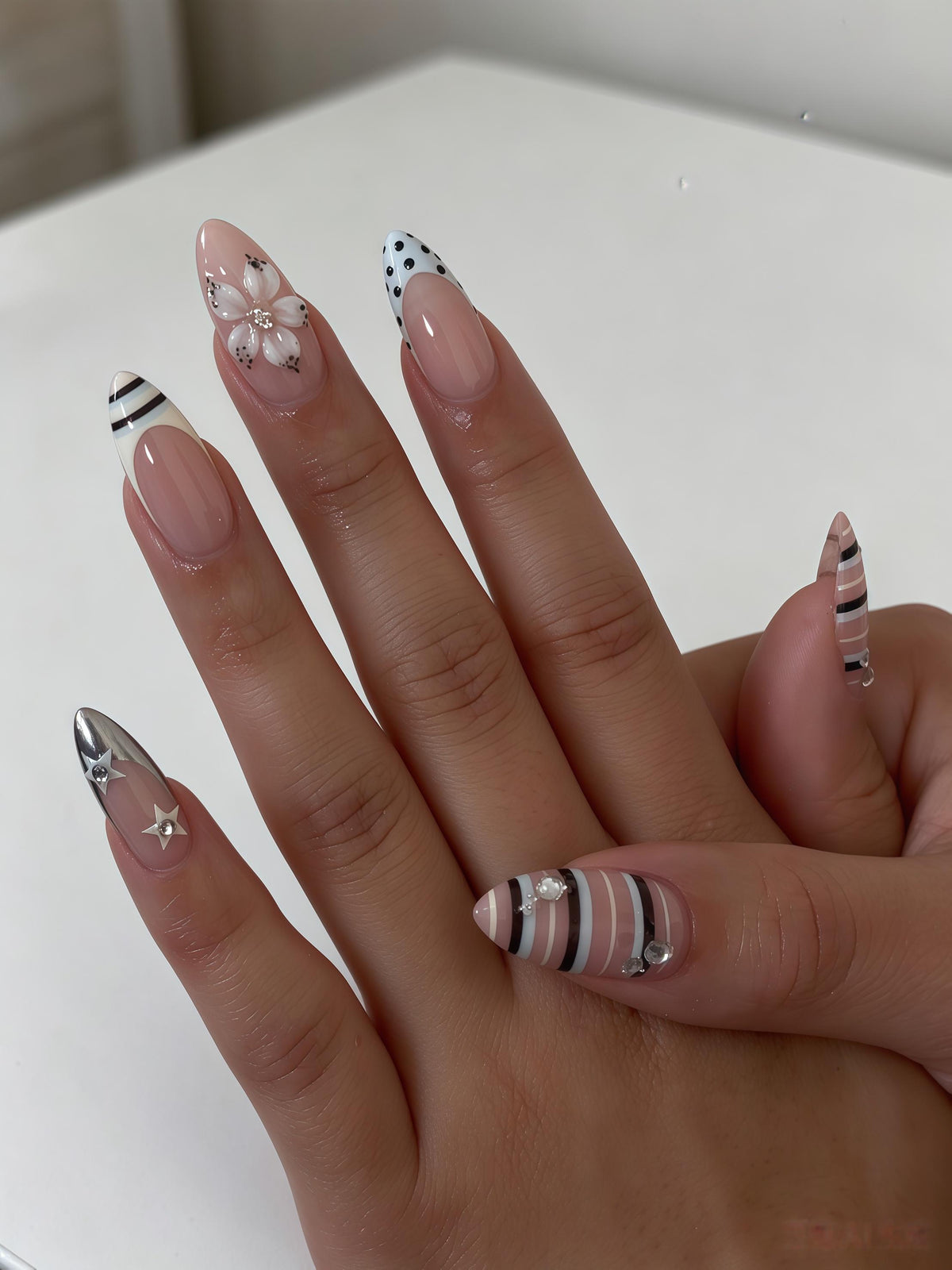 Sheer Nude Pink Nails With Stripe Details, Black Polka Dots and Silver Accents