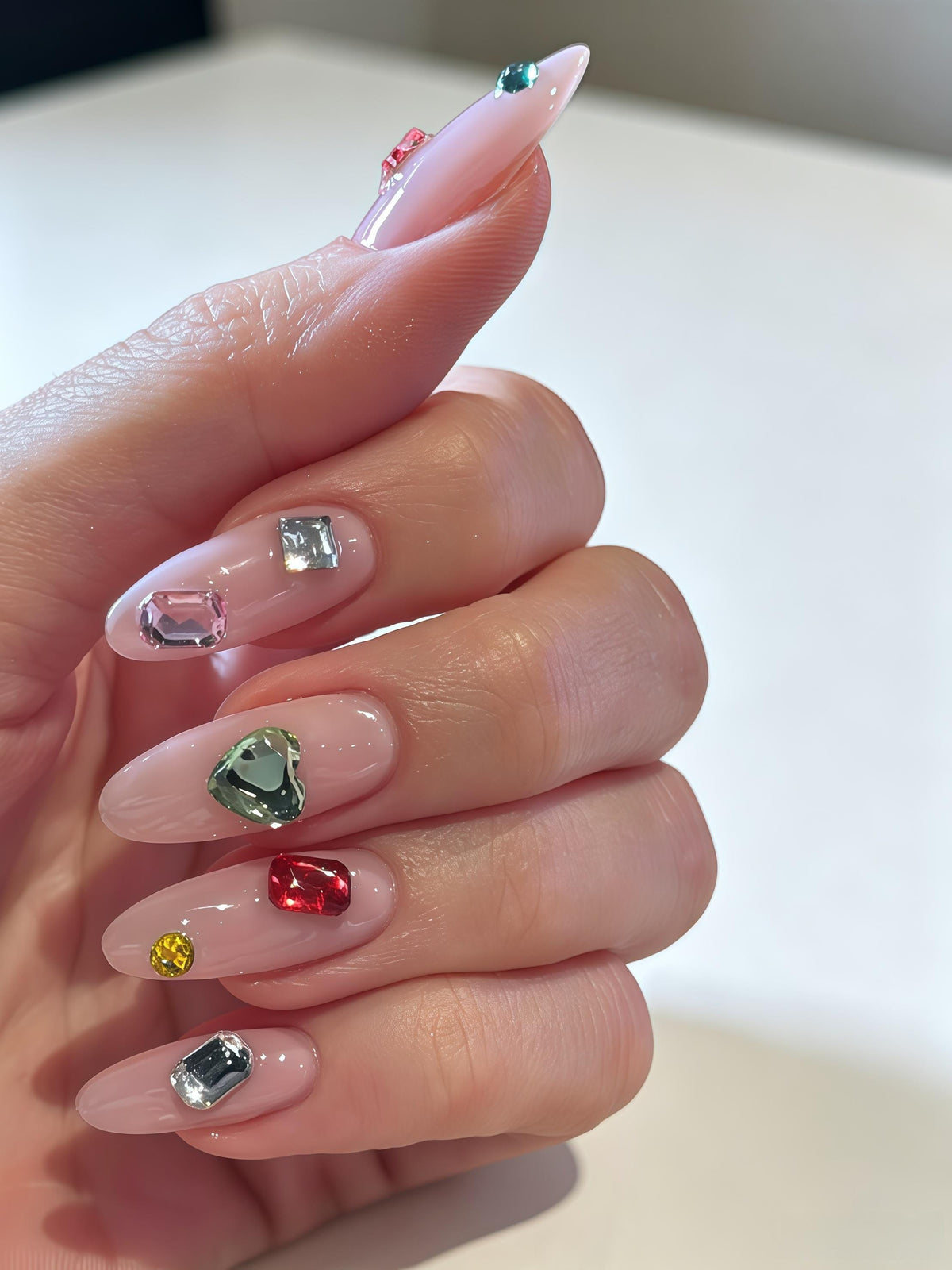 Sheer Nude Pink Press On Nails with Colorful Faceted Gem Accents