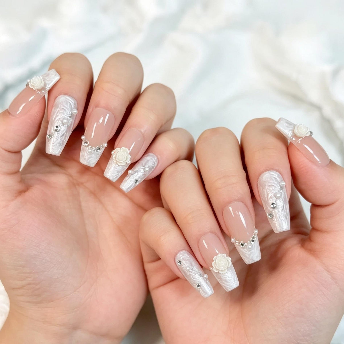 Sheer Nude Pink Rose and Pearl Marble Bridal Press On Nails