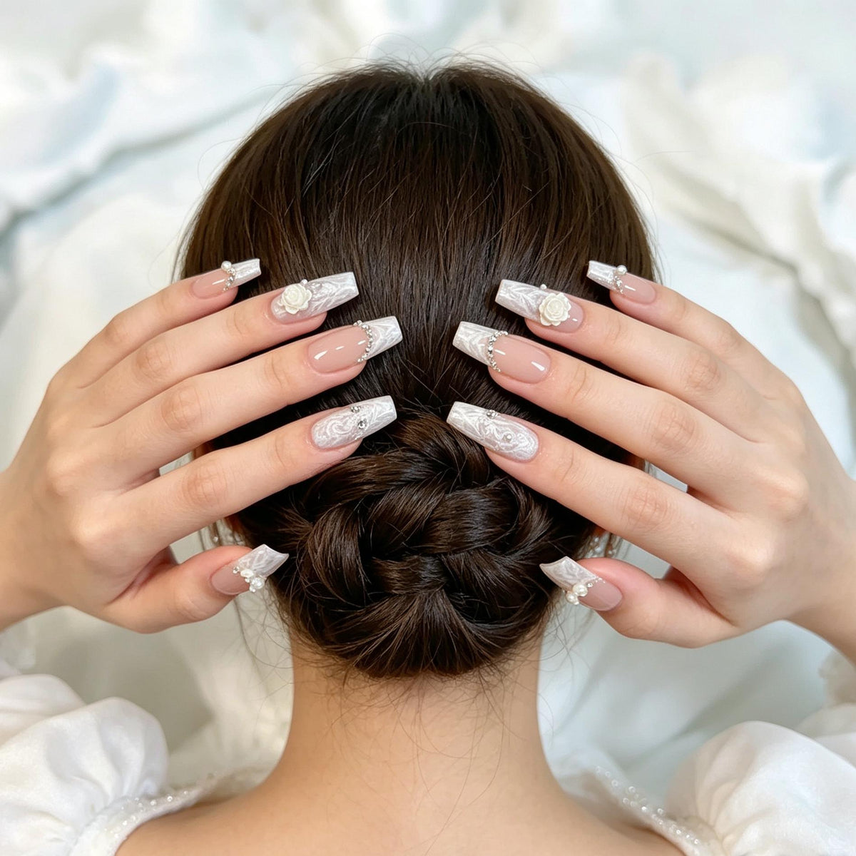 Sheer Nude Pink Rose and Pearl Marble Bridal Press On Nails
