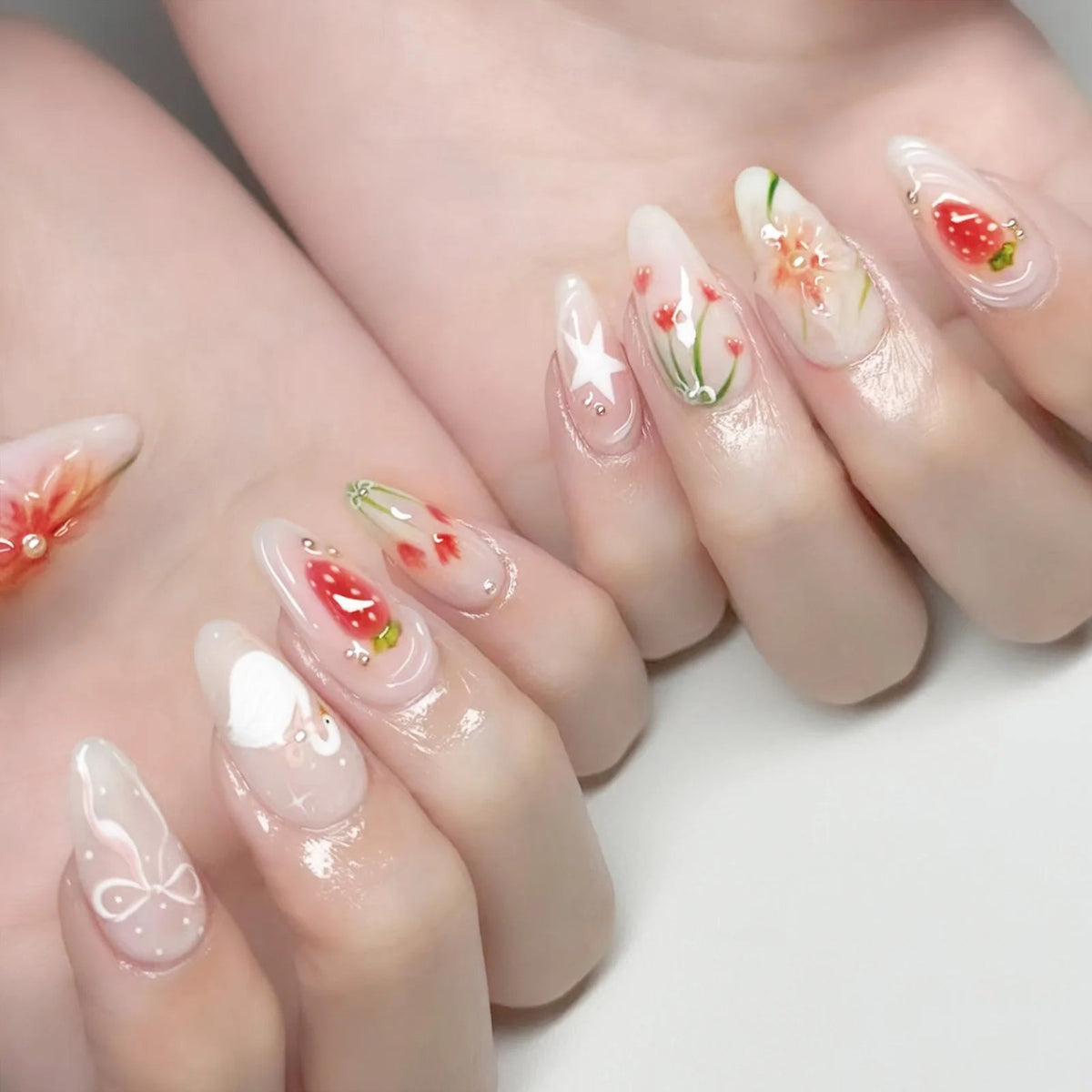 Sheer Nude Pink Strawberry and Floral Press On Nails