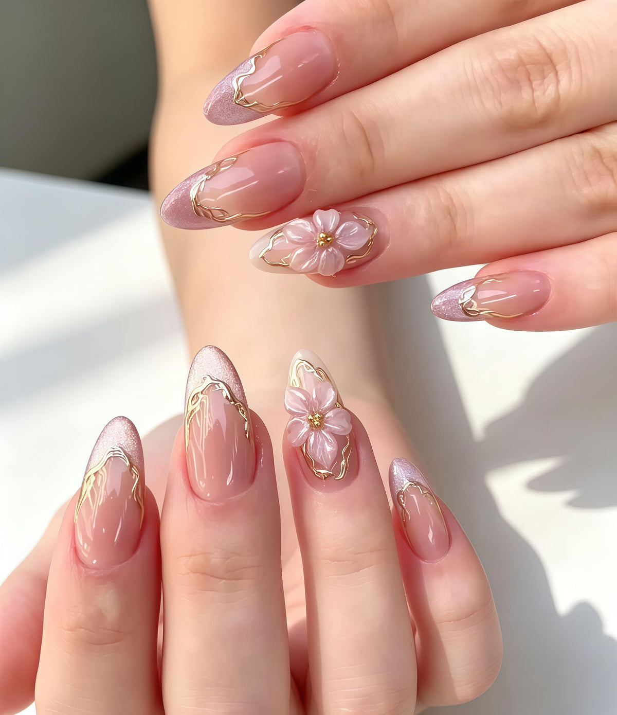 Sheer Nude Pink Wedding Nails With Gold Tips and 3D Flower Accents