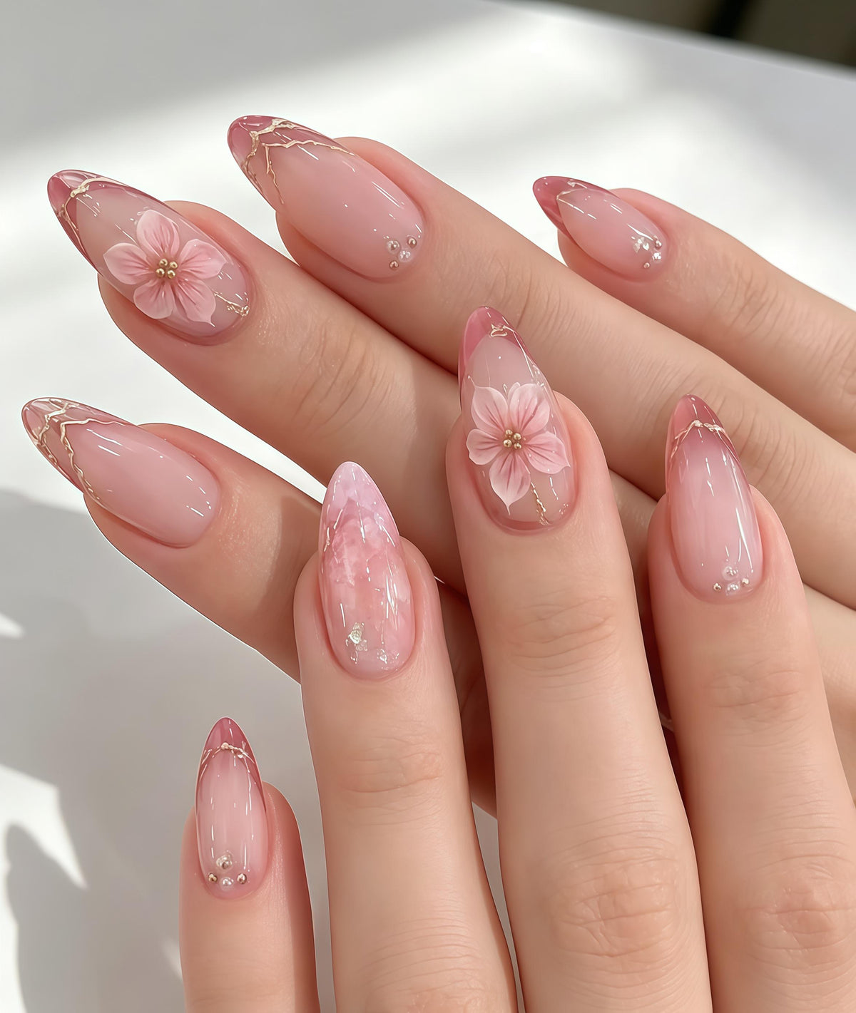 Sheer Nude Pink Wedding Nails With Gold Tips and 3D Flower Accents