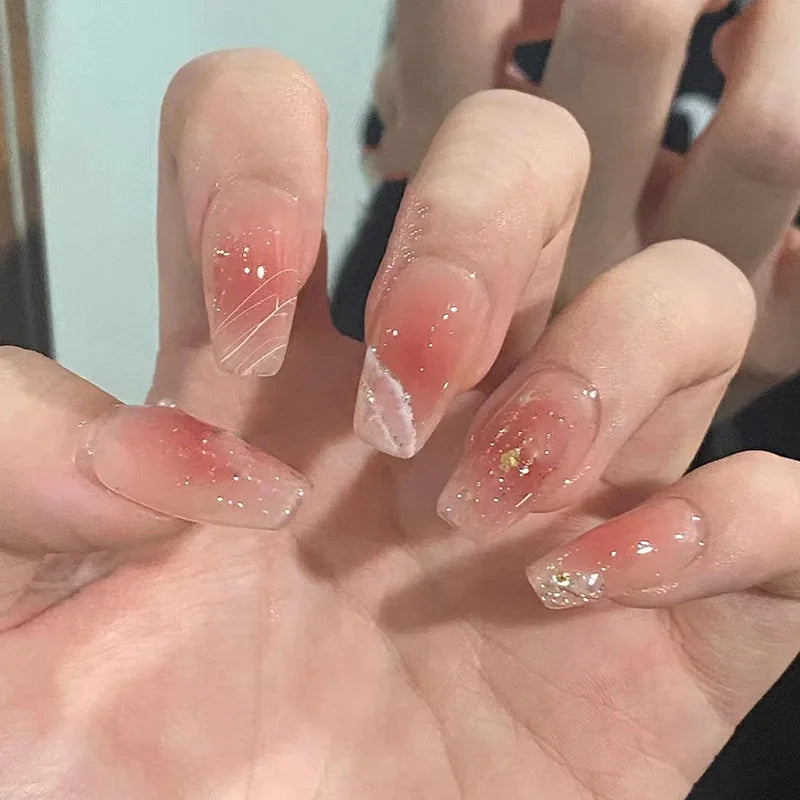 Sheer Peach Blush Glitter Nails with White Line Accents