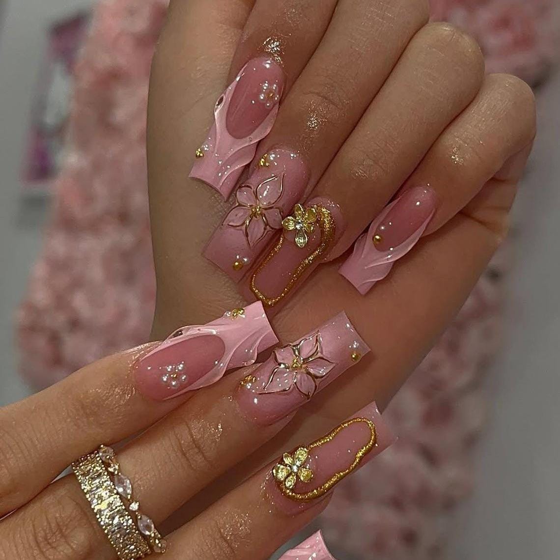 Sheer Pink 3D Floral Press On Nails with Gold Accents and Rhinestones