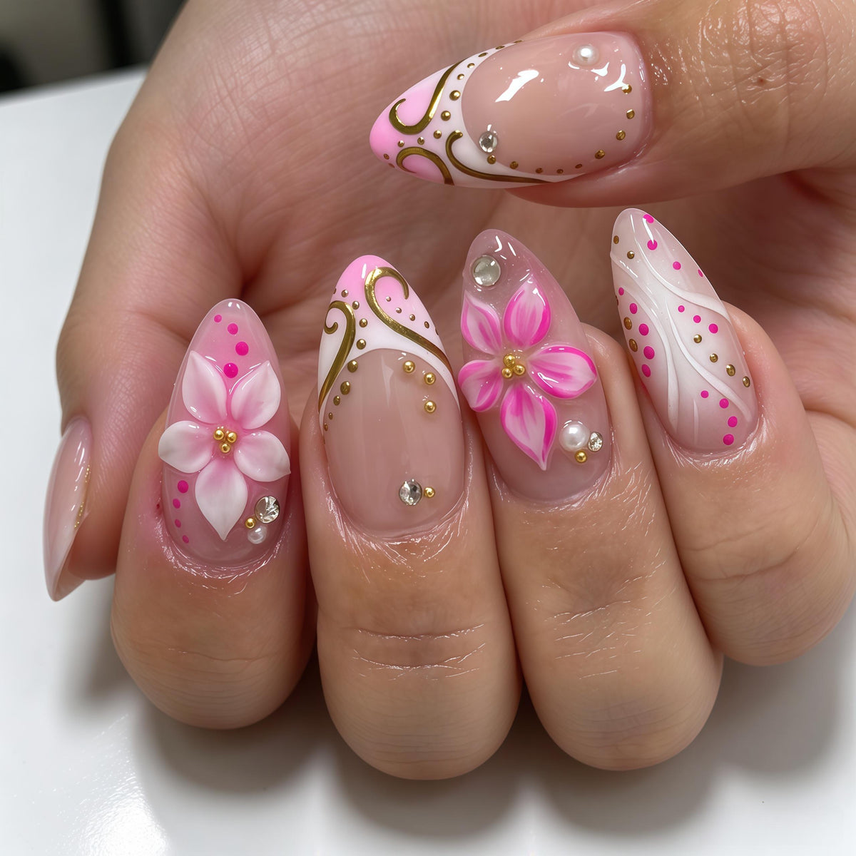 Sheer Pink 3D Flower Nails with Gold Swirls and Rhinestones