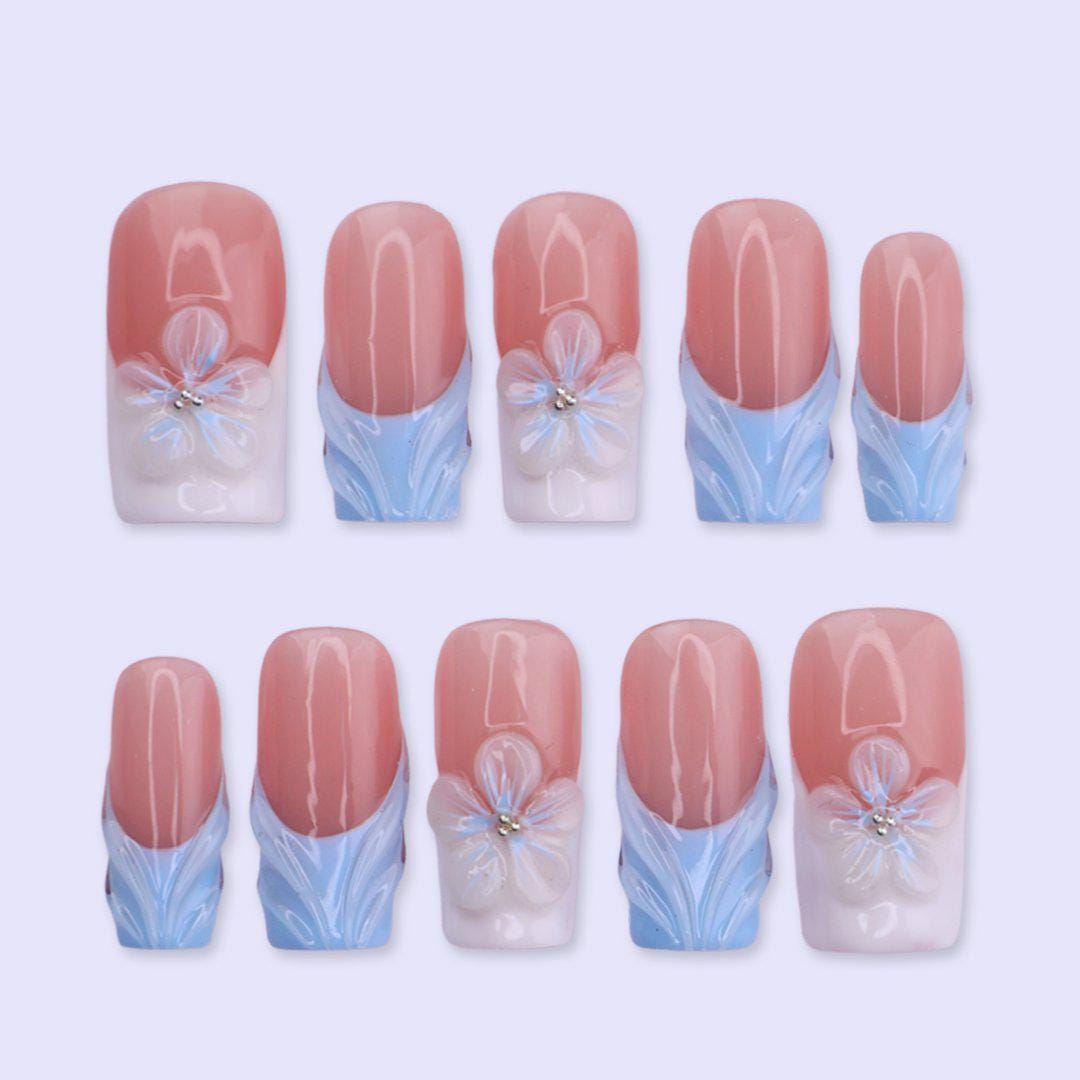 Sheer Pink and Pastel Blue Summer French Tip Nails with 3D Flowers
