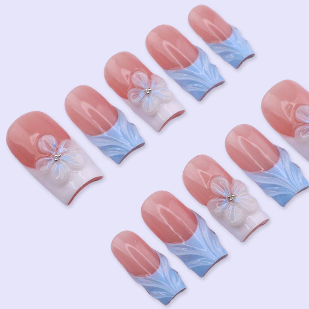 Sheer Pink and Pastel Blue Summer French Tip Nails with 3D Flowers