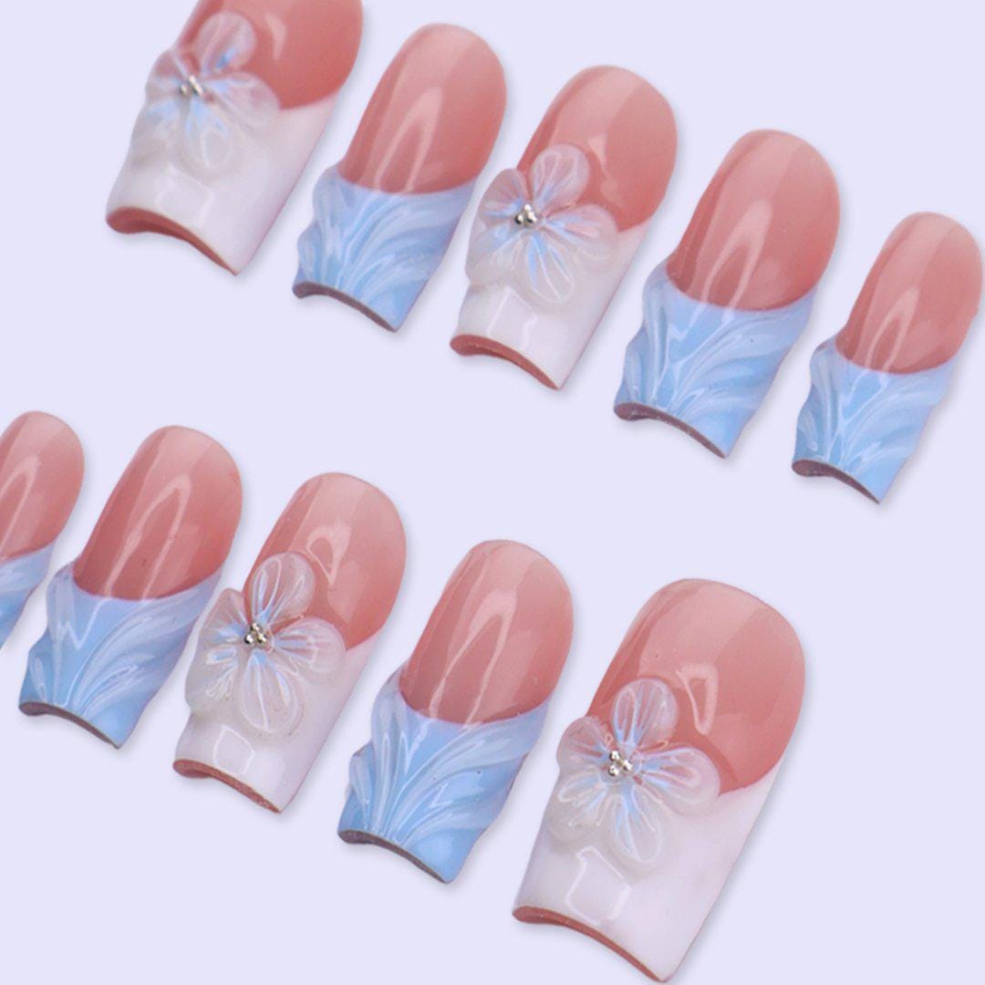 Sheer Pink and Pastel Blue Summer French Tip Nails with 3D Flowers
