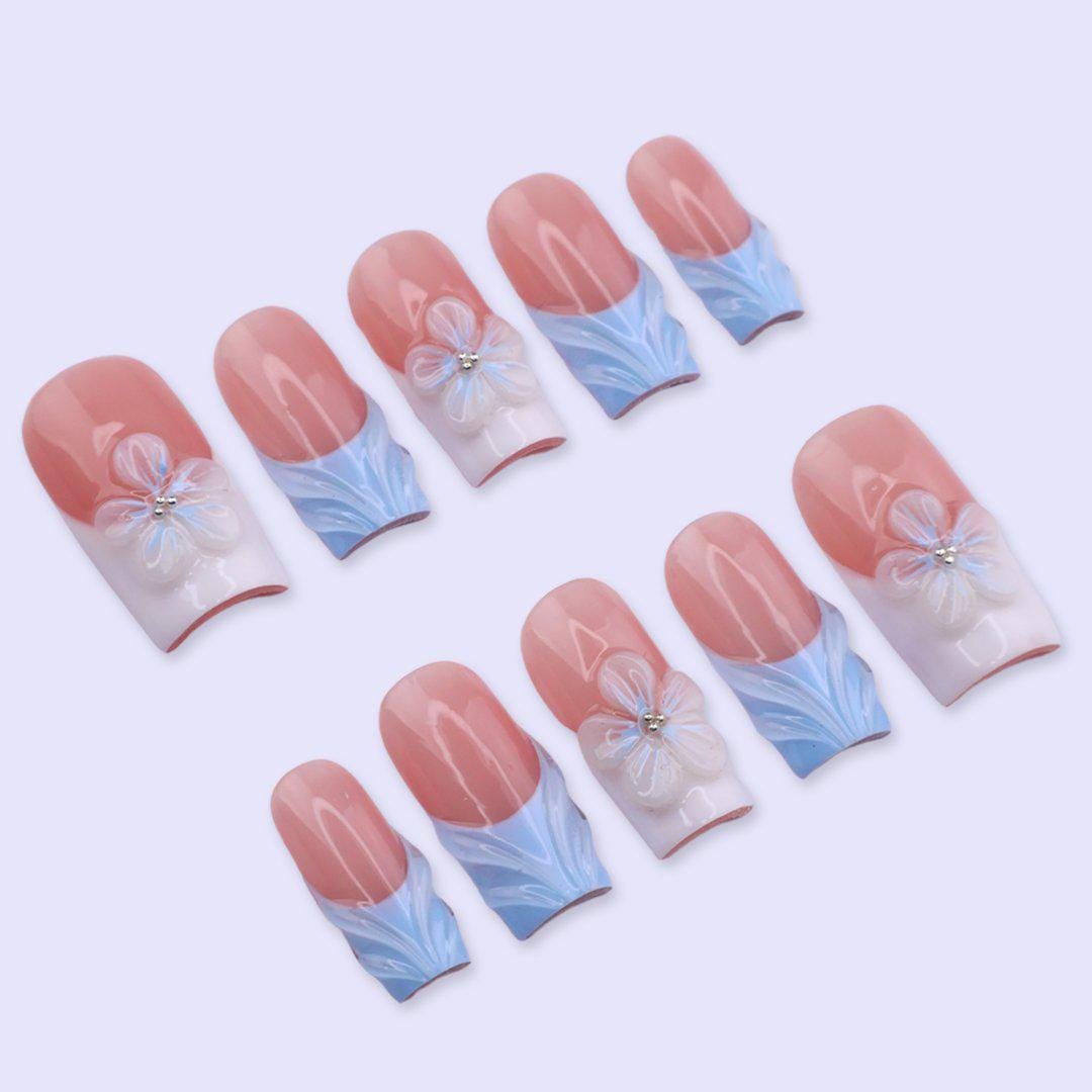 Sheer Pink and Pastel Blue Summer French Tip Nails with 3D Flowers