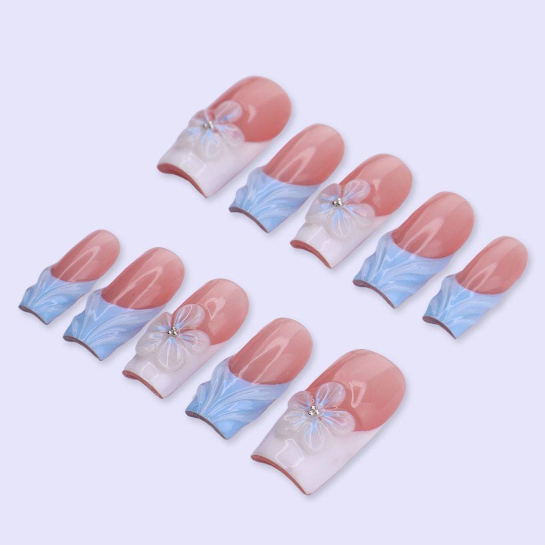 Sheer Pink and Pastel Blue Summer French Tip Nails with 3D Flowers