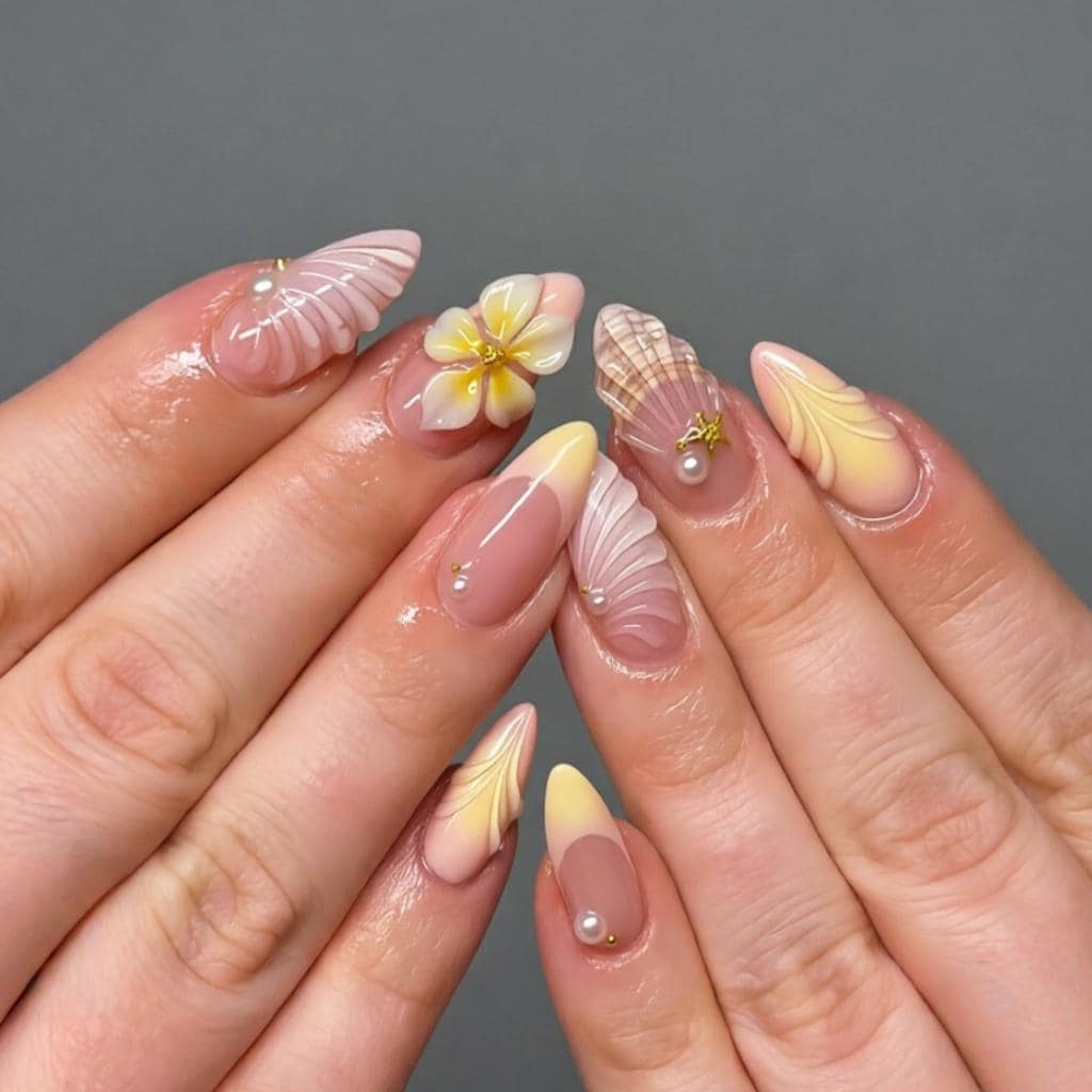 Sheer Pink and Yellow Shell Flower Summer Beach Press On Nails with Pearl and Gold Accents