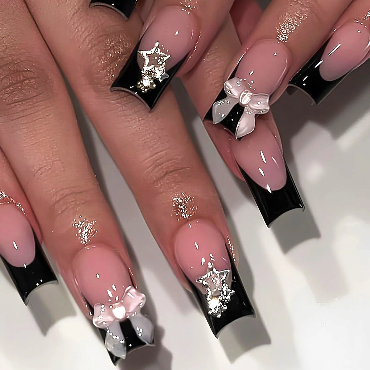 Sheer Pink Black French Tip Nails With Silver Glitter, Stars and 3D Bows