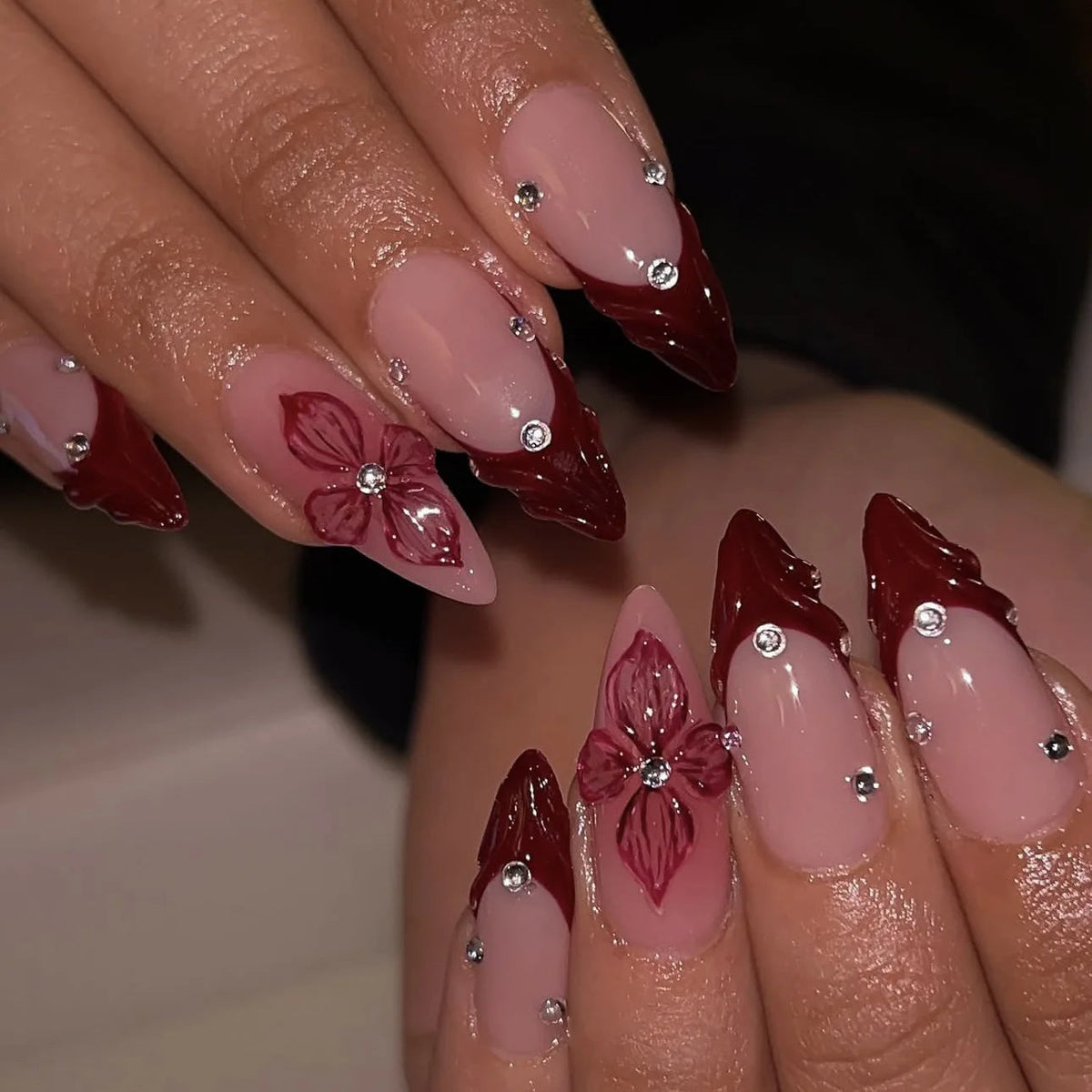 Sheer Pink Burgundy French Tip Nails With 3D Flowers and Rhinestones