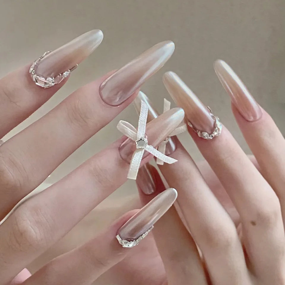 Sheer Pink Cat Eye French Tip Press On Nails with White Bow and Rhinestones