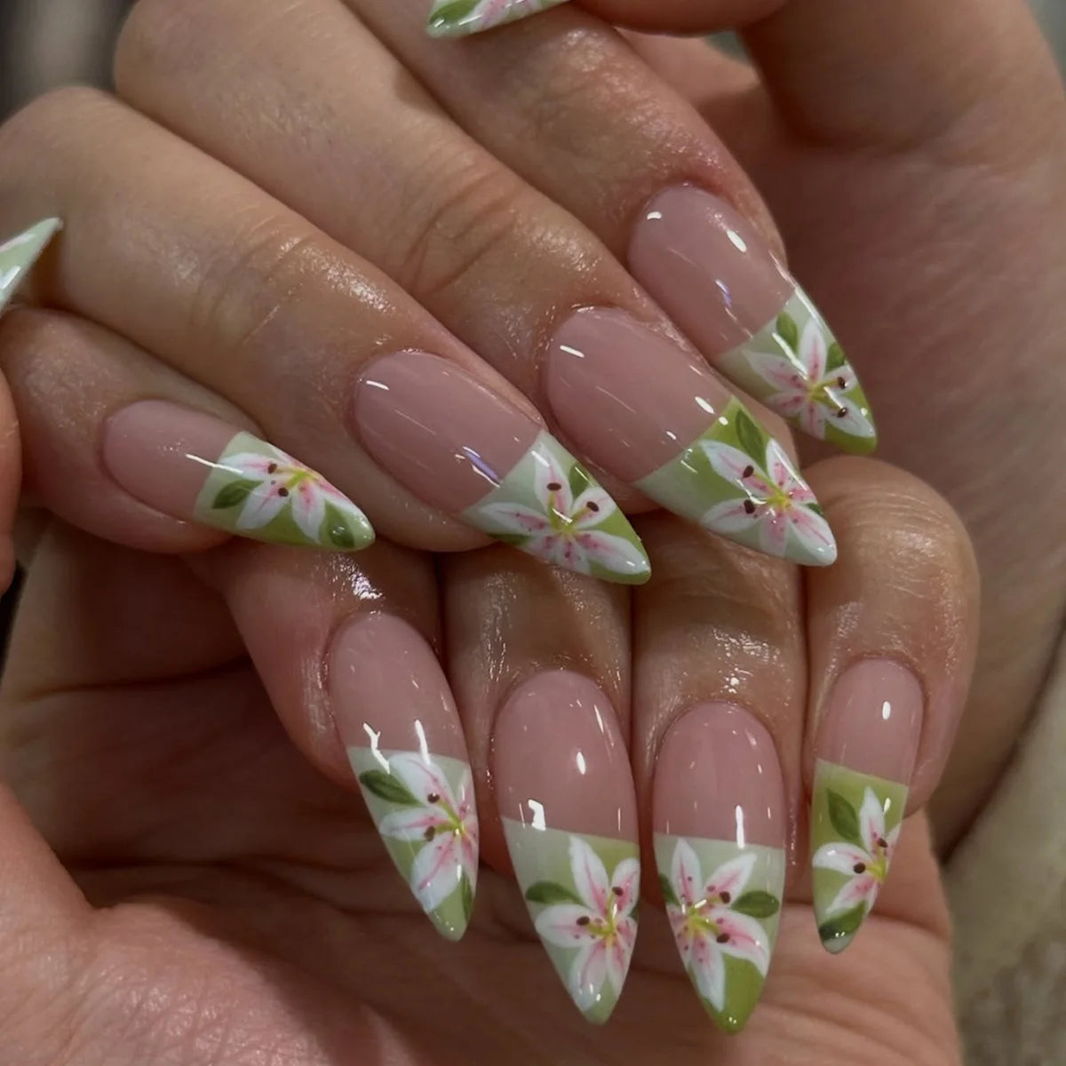 Sheer Pink Floral French Tip Nail Set with Pale Sage-Green Tips and Gold Accents