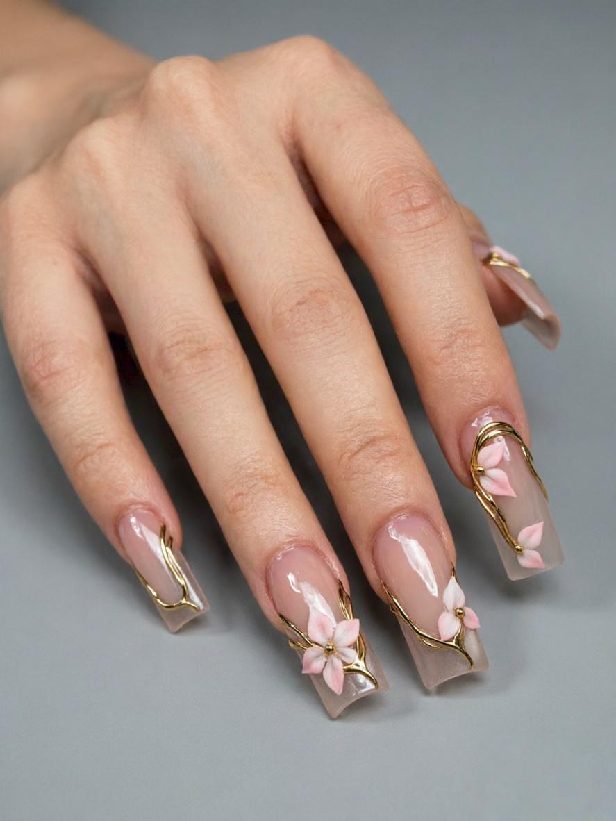 Sheer Pink Floral Press On Nails With Gold Branch Accents