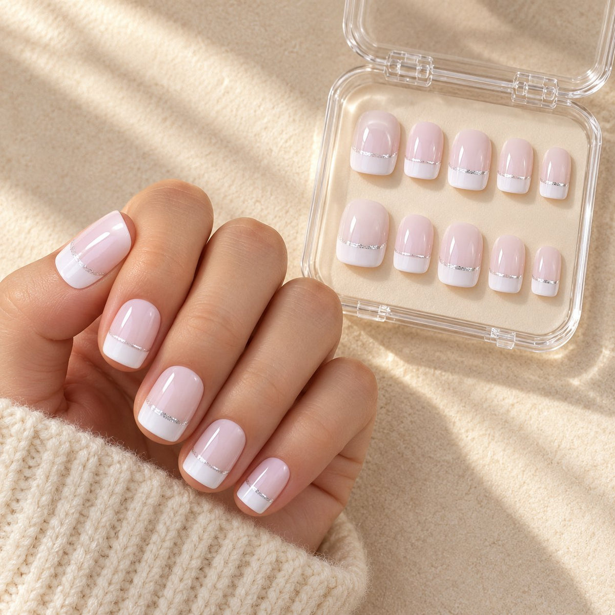 Sheer Pink French Tip Nail Set with Fine Silver Glitter Accents worn on hand with acrylic storage box