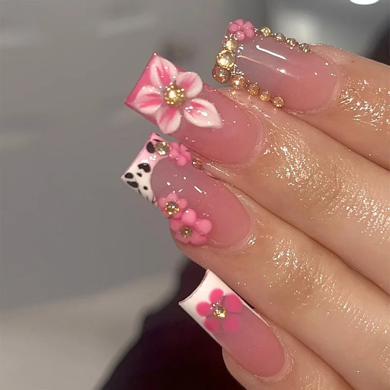 Sheer Pink French Tip Nails with 3D Flowers, Gold-Tone Beads & Spotted Accent