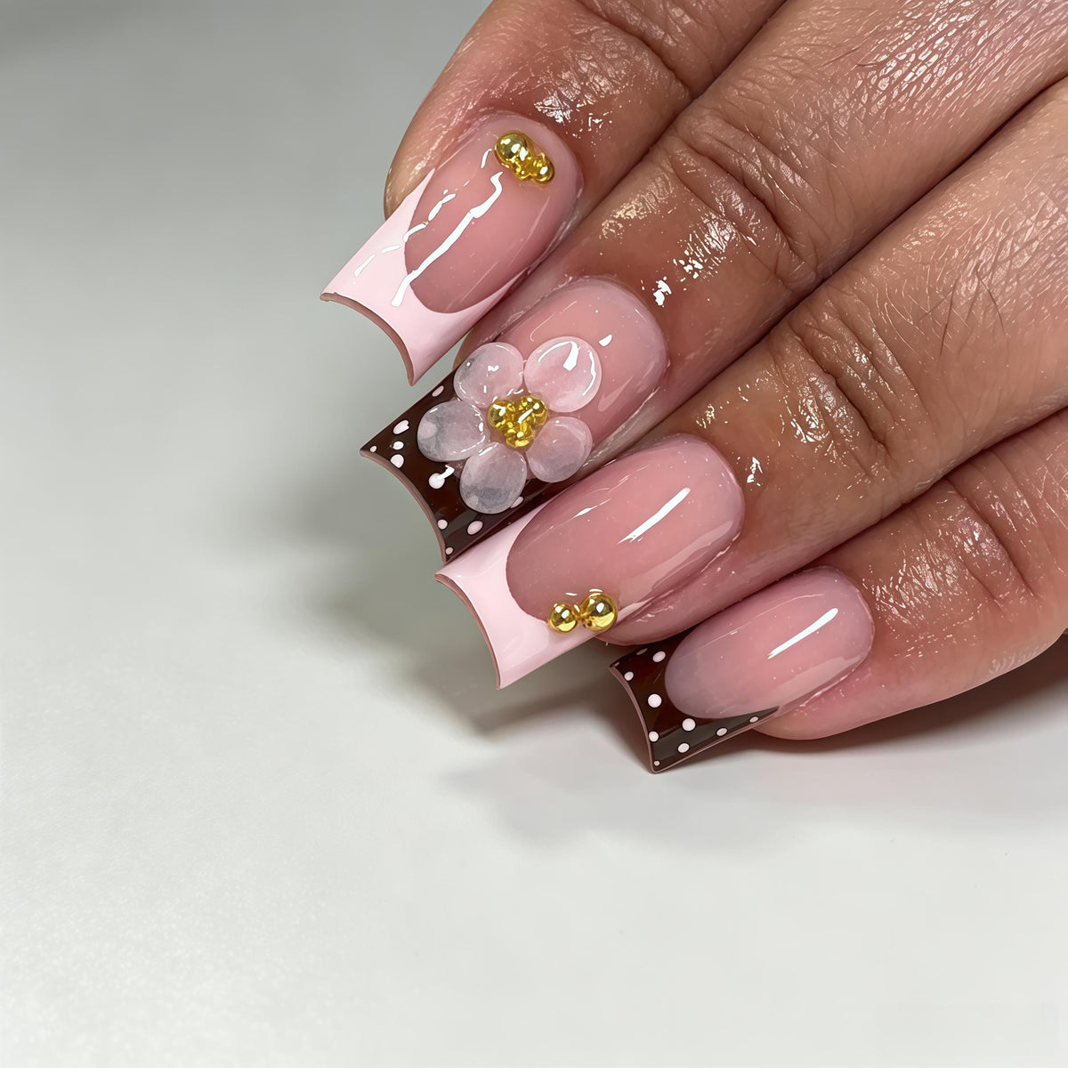 Sheer Pink French Tip Nails with Brown Polka Dots, 3D Flowers and Gold Beads