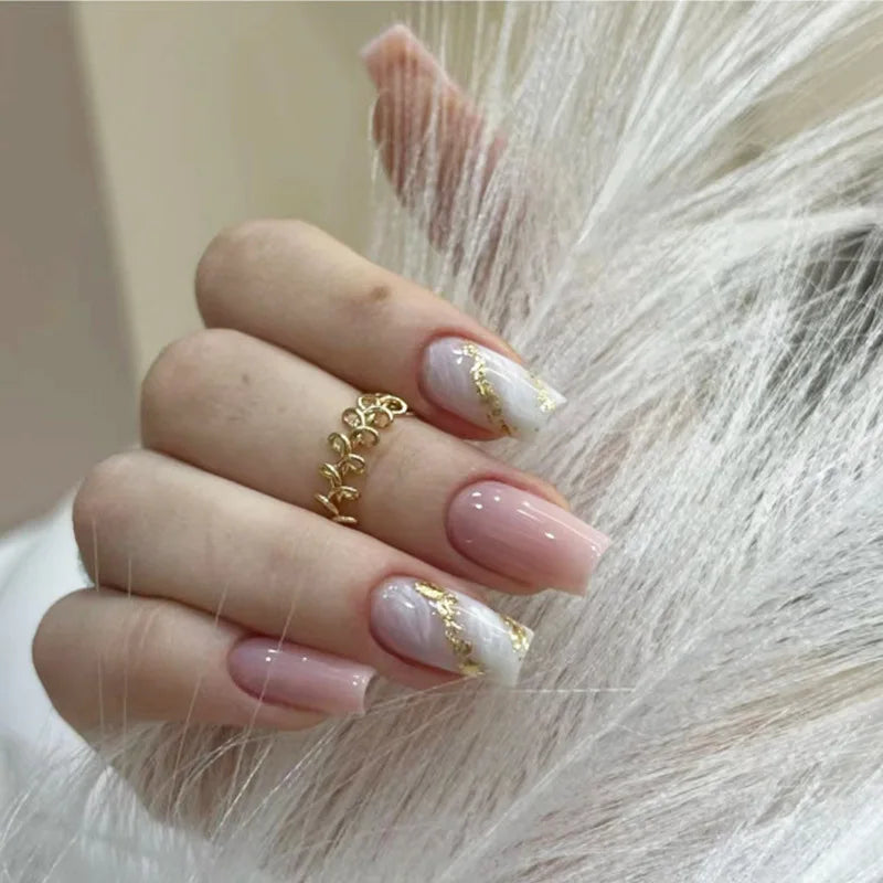 Sheer Pink French Tip Press On Nails With Delicate Gold Accents