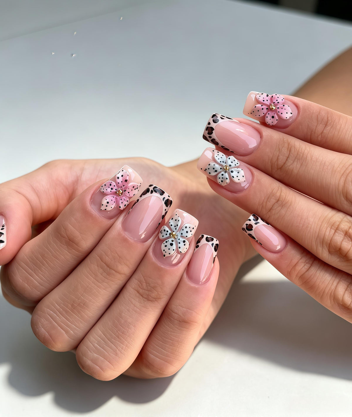 Sheer Pink Leopard Spot Nails with 3D Pink and Blue Flowers