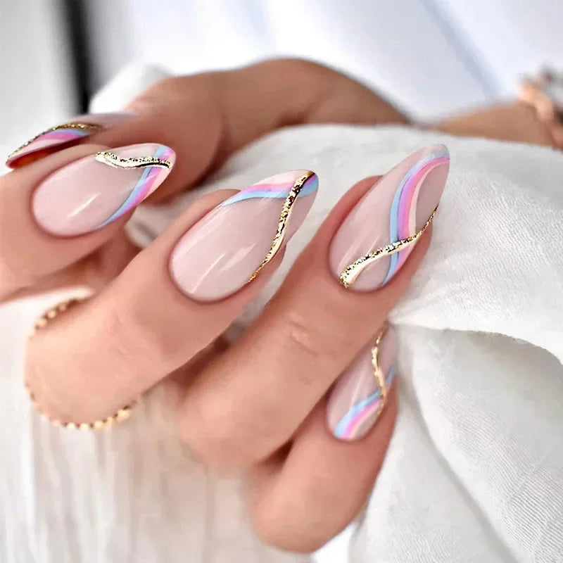 Sheer Pink Nails With Pastel Rainbow Stripes and Gold Glitter Lines