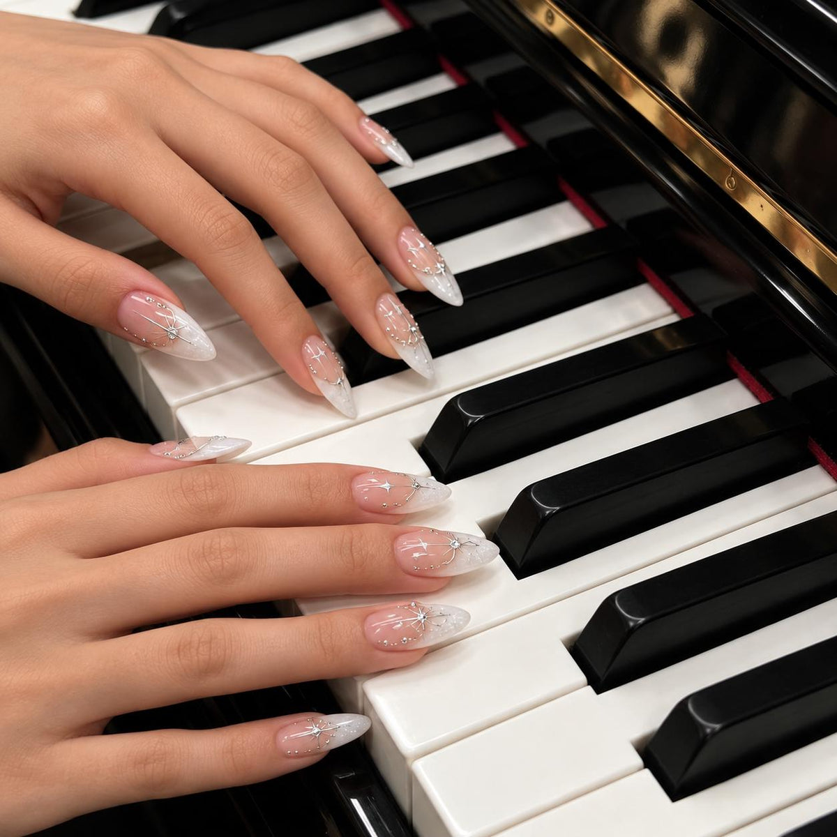 Sheer Pink Nude Celestial Starburst Press-On Nails with White Tips and Silver Accents