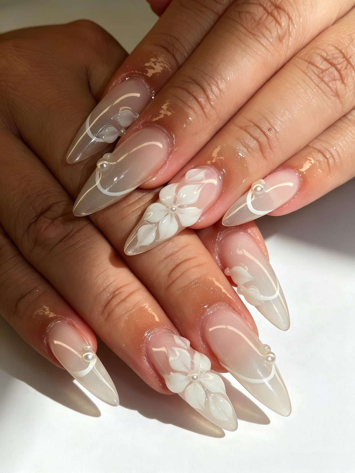 Sheer Pink Nude Floral French Tip Press On Nails with 3D White Flowers and Pearl Accents