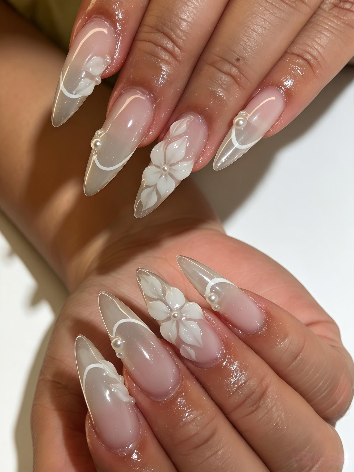 Sheer Pink Nude Floral French Tip Press On Nails with 3D White Flowers and Pearl Accents