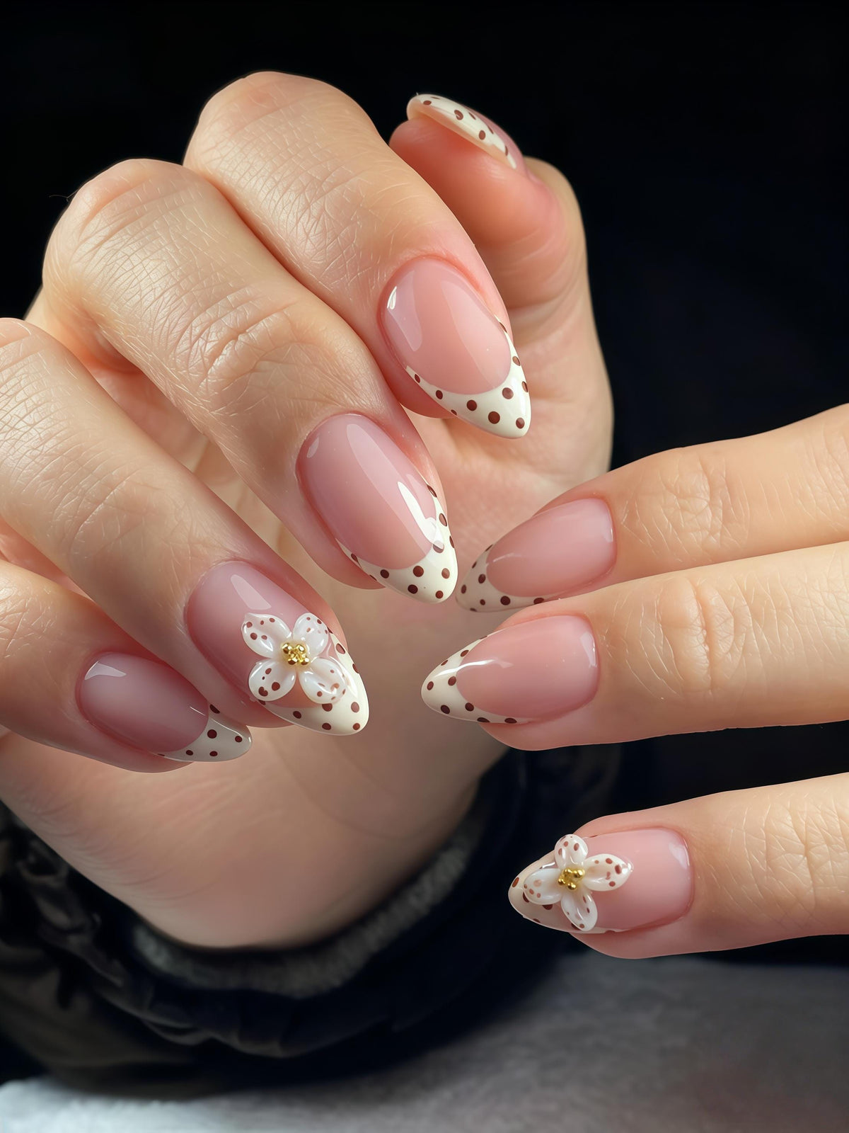 Sheer Pink Nude French Tip Nails with Brown Dots and 3D White Flowers