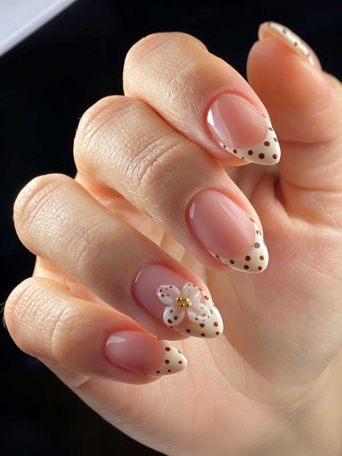 Sheer Pink Nude French Tip Nails with Brown Dots and 3D White Flowers