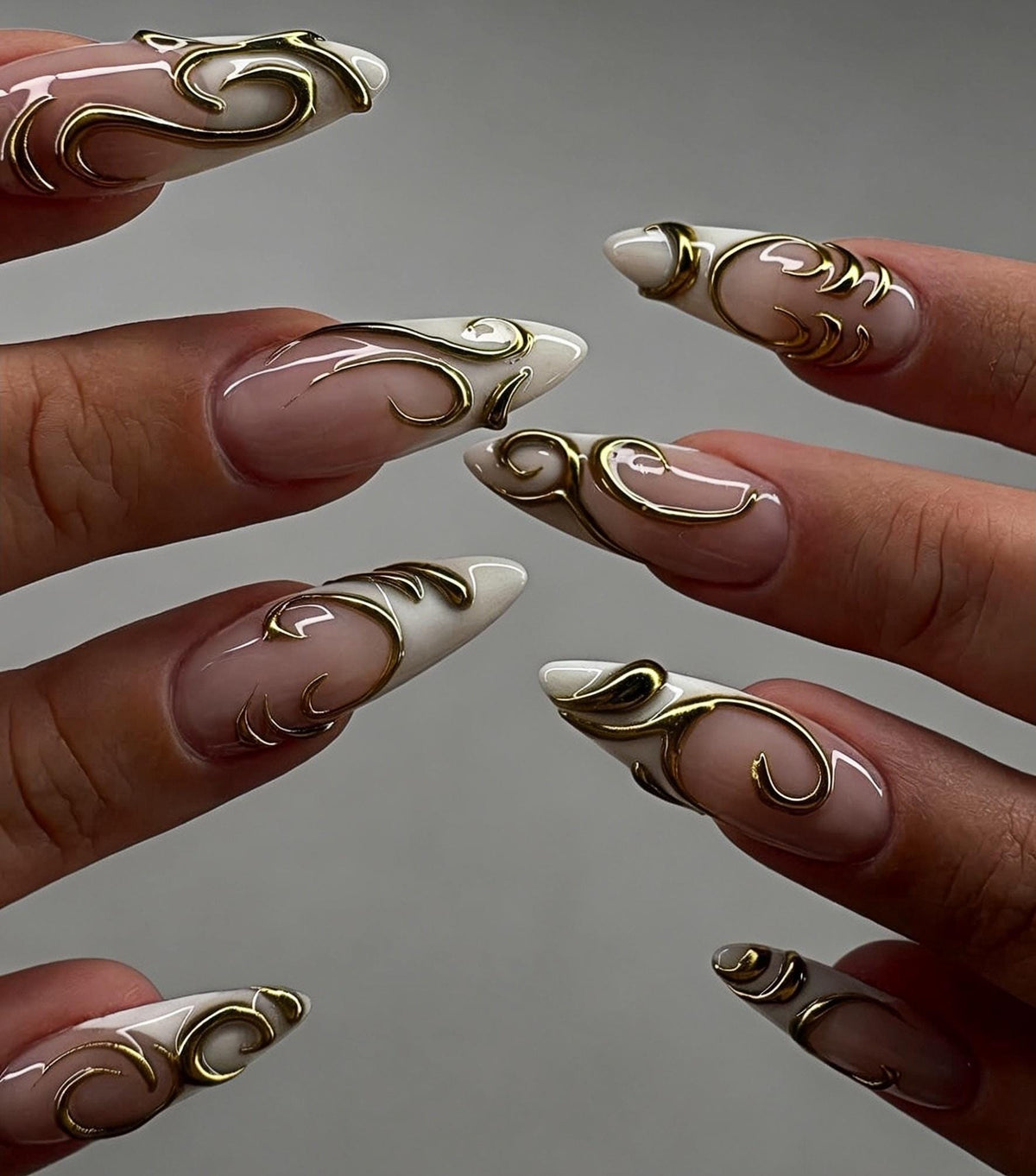 Sheer Pink Nude French Tip Nails With Raised Gold Baroque Scrollwork