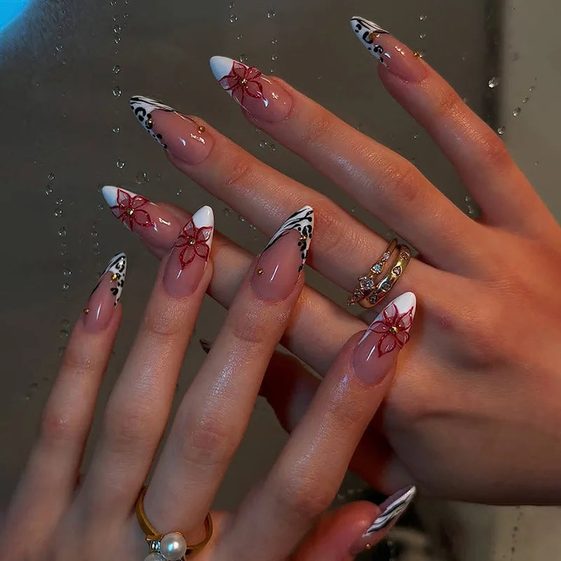 Sheer Pink Nude French Tips With Leopard Print and Red Floral Nail Art
