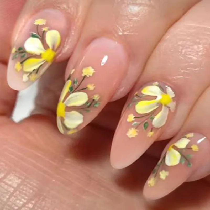 Sheer Pink Nude Nails with Hand-Painted Yellow and Cream Flowers