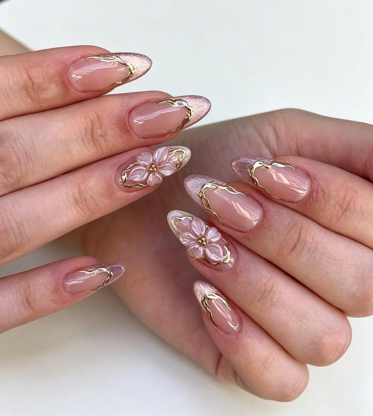 Sheer Pink Nude Nails with Lavender Glitter Tips, Gold Lines and 3D Flowers