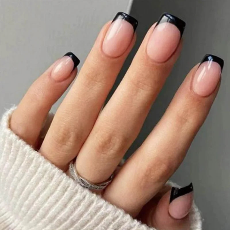 Sheer Pink Nude Press On Nails with Black French Tips