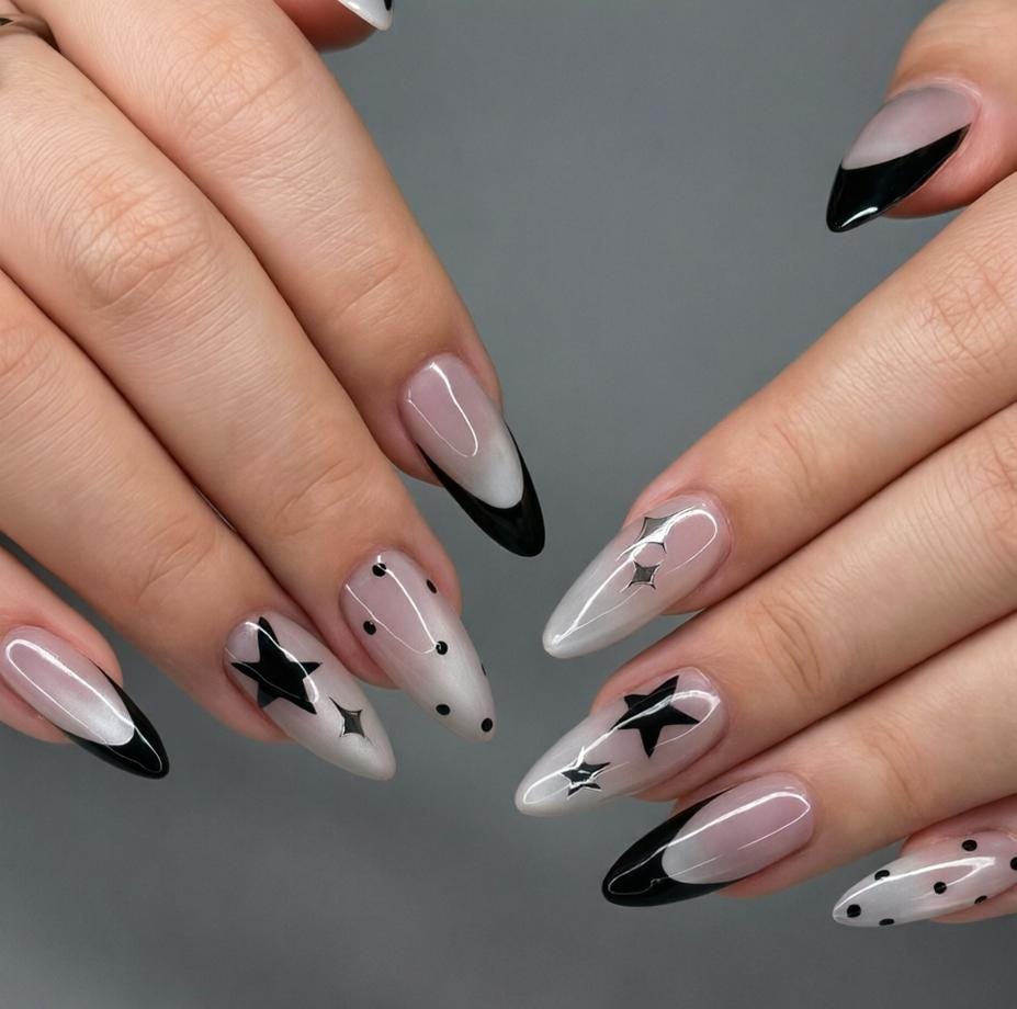 Sheer Pink Nude Star and Polka Dot French Tip Nail Set