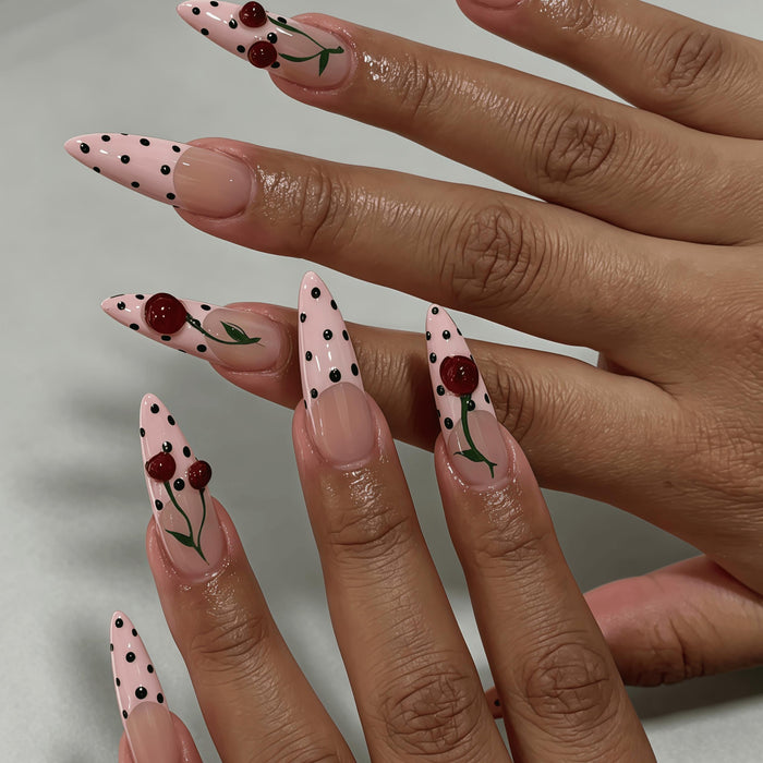 Sheer Pink Polka Dot Press On Nails With Dimensional Red Cherry Art