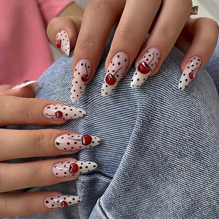 Sheer Pink Polka Dot Press On Nails With Red Cherry Accents