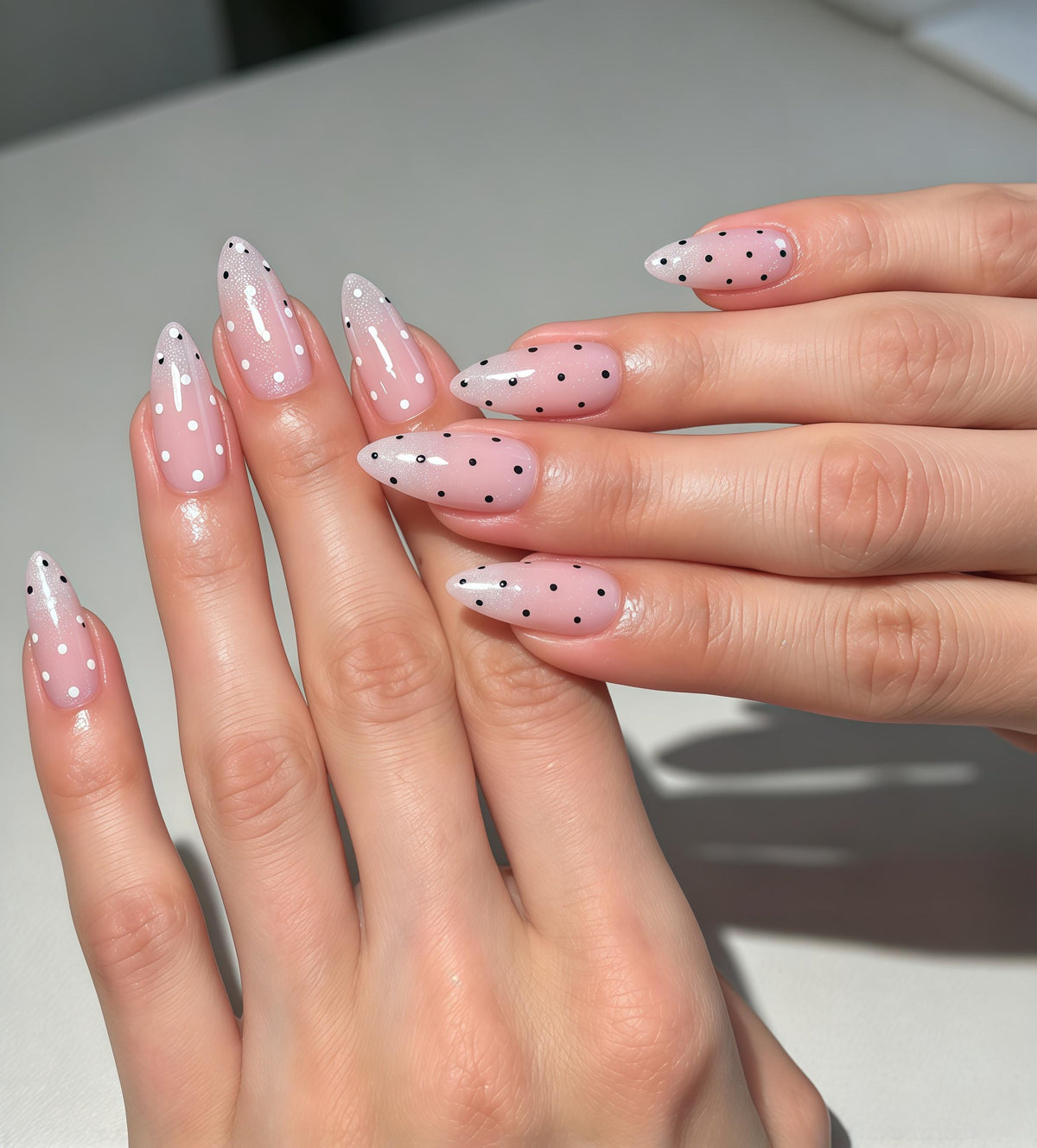 Sheer Pink Press On Nails with Black and White Polka Dots