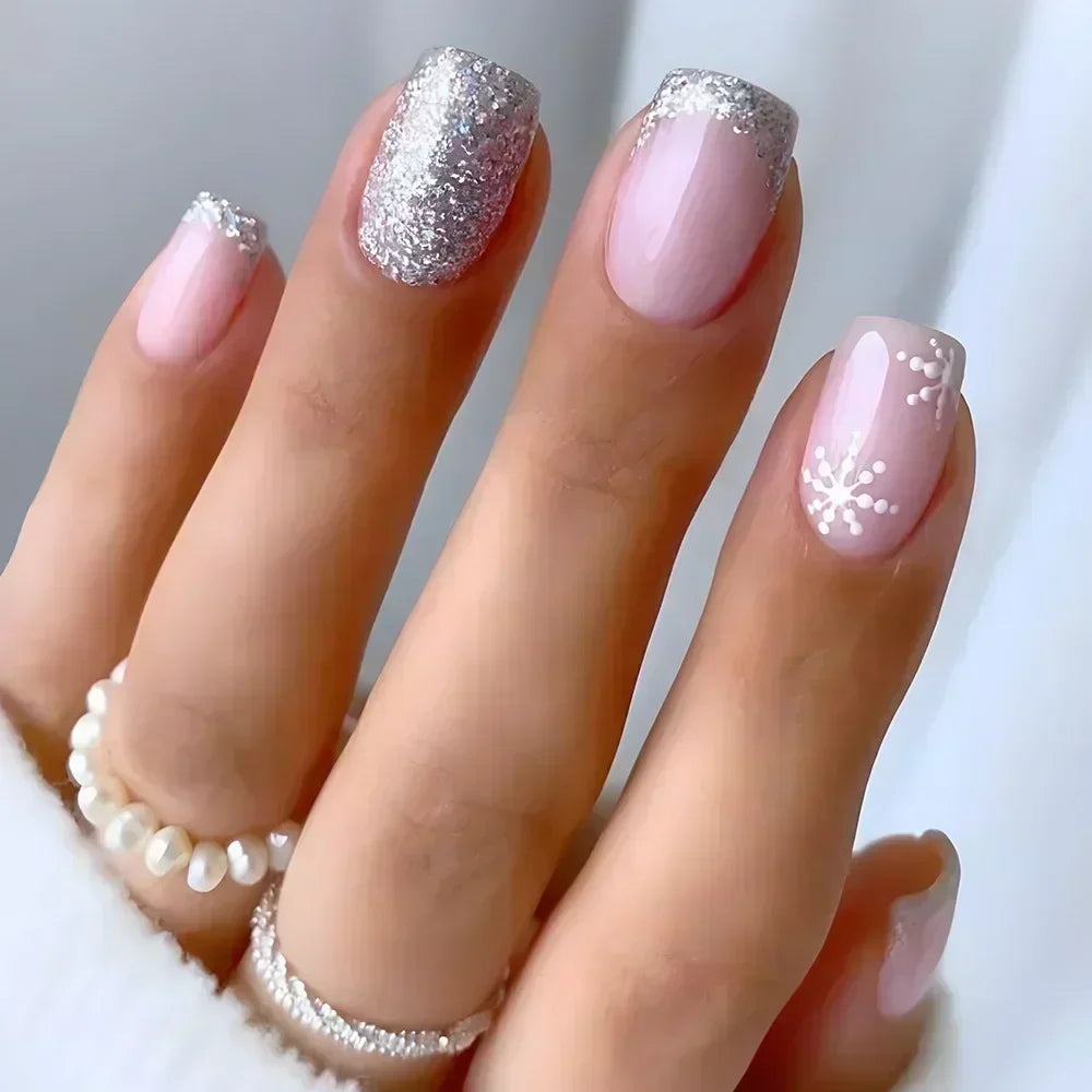 Sheer Pink Snowflake Nails with Silver Glitter Tips