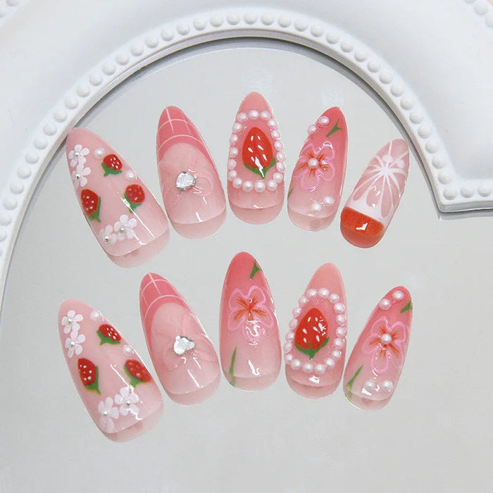 Sheer Pink Strawberry and White Flower Press On Nails with Pearl Details