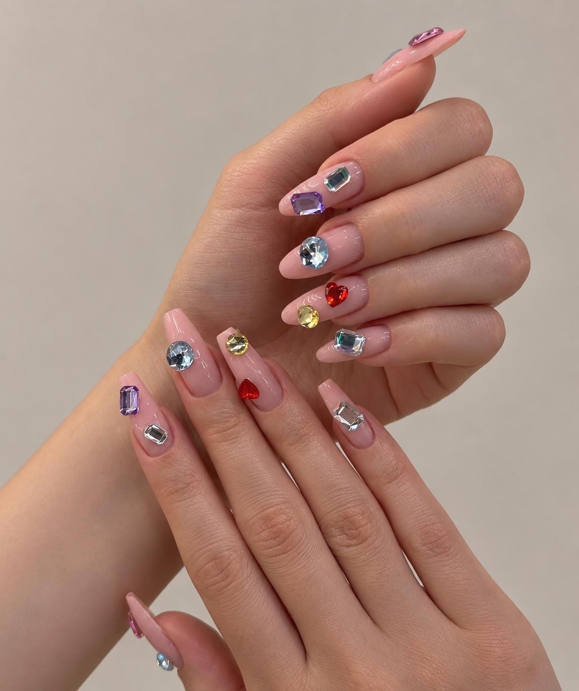 Sheer Pink Y2K Press On Nails With Multicolor Gems for Birthdays