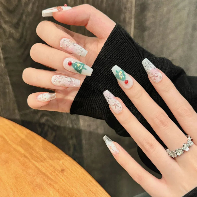 Sheer White Christmas Nails With Silver Glitter and Green Tree Accents